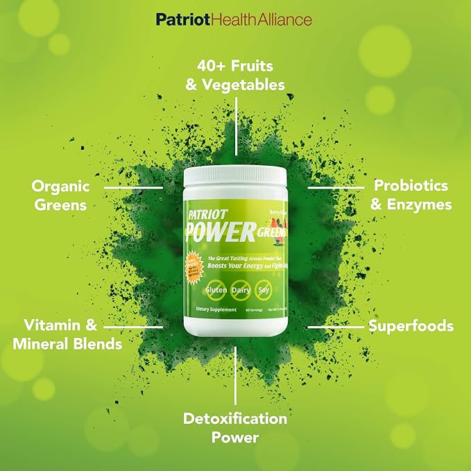 Patriot Power Greens Drink - Organic Superfood Dietary Supplement - 40+ Fruits & Vegetables - 60 Day Supply - 11.43 Ounce