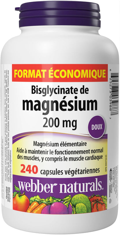 Webber Naturals Magnesium Bisglycinate 200 mg, 240 Capsules, Supports Bone and Muscle Functions, Vegan