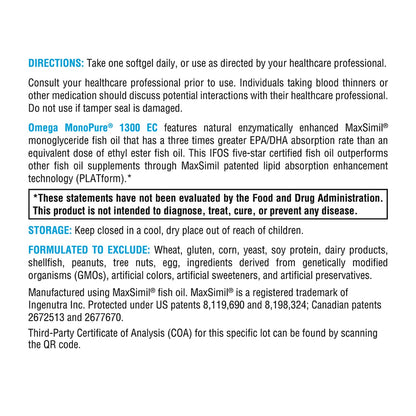 XYMOGEN Omega MonoPure 1300 EC - Fish Oil with 3X Greater Absorption - DHA EPA Omega 3 Supplement for Heart Health + Cognitive Support (60 Softgels)
