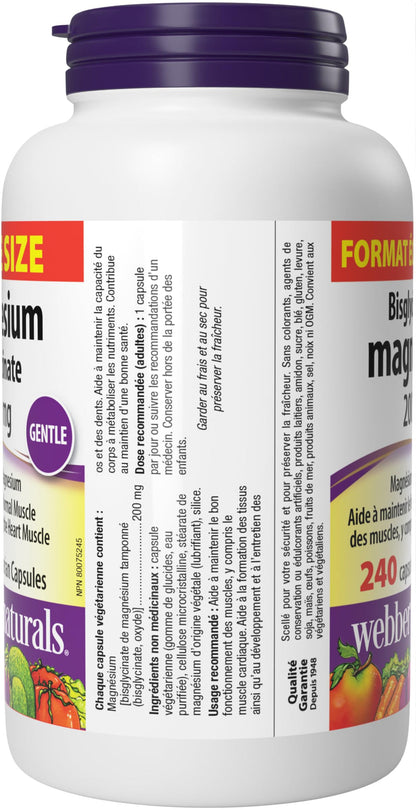 Webber Naturals Magnesium Bisglycinate 200 mg, 240 Capsules, Supports Bone and Muscle Functions, Vegan