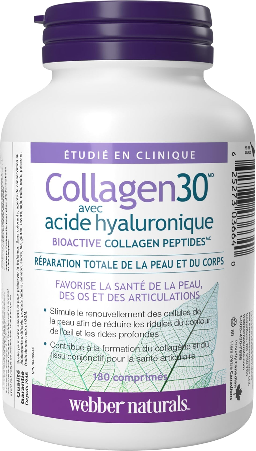Webber Naturals Collagen30 with Hyaluronic Acid, Bioactive Collagen Peptides, 180 Tablets, Helps Reduce Joint Pain, Eye Wrinkles and Fine Facial Line