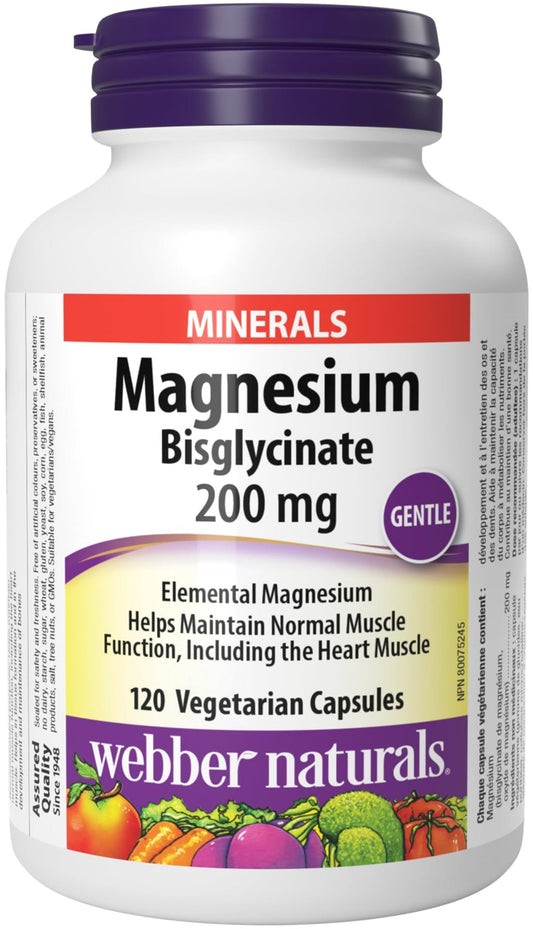 Webber Naturals Magnesium Bisglycinate 200 mg, 120 Capsules, Supports Bone and Muscle Functions, Vegan
