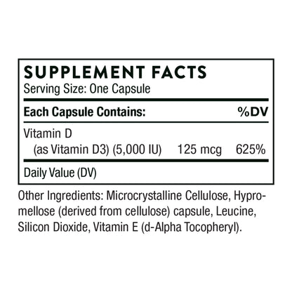 THORNE Vitamin D-5000 - Vitamin D3 Supplement - Support Healthy Bones, Teeth, Muscles, Cardiovascular, and Immune Function* - NSF Certified for Sport - Dairy-Free, Soy-Free - 60 Capsules