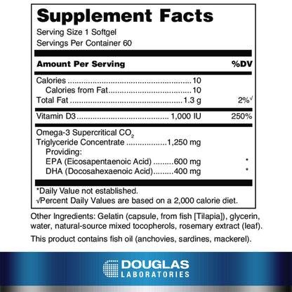 Douglas Laboratories Quell Fish Oil EPA/DHA Plus D | 3:2 Ratio of EPA to DHA Essential Omega 3 Fatty Acids Plus 1,000 I.U. of Vitamin D3* | 60 Softgels