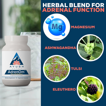 Ayush Herbs AdrenOm - Ayurvedic Adrenal and Stress-Support Supplement for Women & Men, Ashwagandha & Eleuthero to Support Adrenal Balance, Cognitive Function & Calm - 90 Vegetarian Capsules (1 Count)