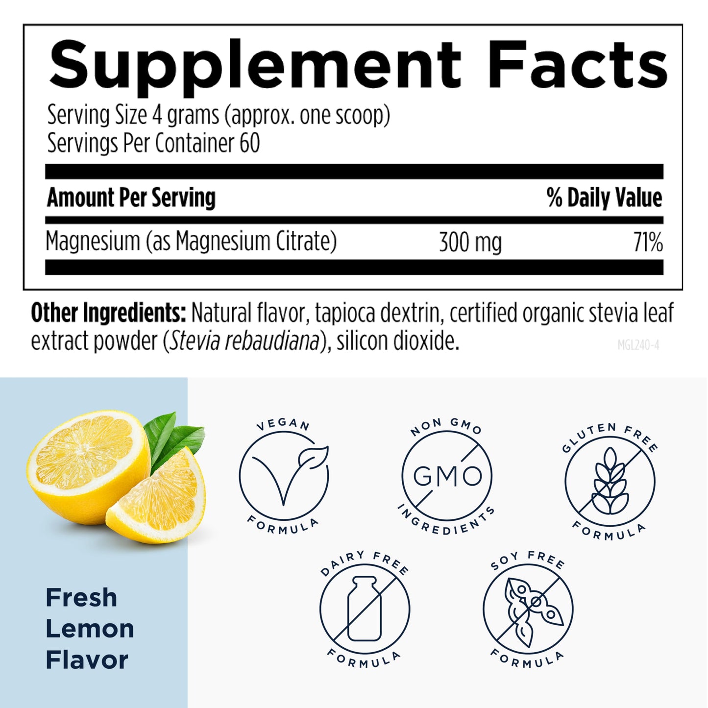 Designs for Health MagCitrate Powder - 300mg Powdered Magnesium Citrate to Support Calm + Regularity - Non-GMO, Gluten Free Delicious Drink Mix Add-in, Lemon Flavor (60 Servings / 240g)