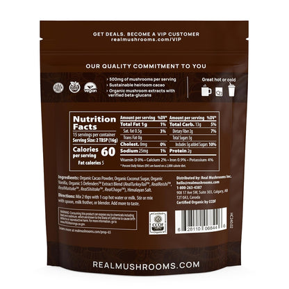 Real Mushrooms Unsweetened Organic Hot Chocolate Mix with 5 Defenders Turkey Tail, Chaga, Maitake, Shiitake, Reishi Mushroom - Cacao Powder Vegan Supplement, 15 Servings