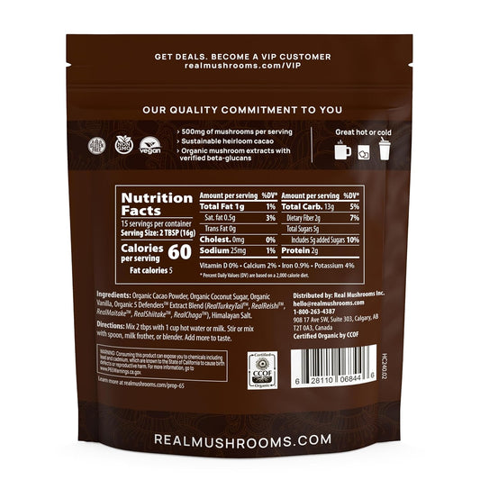 Real Mushrooms Unsweetened Organic Hot Chocolate Mix with 5 Defenders Turkey Tail, Chaga, Maitake, Shiitake, Reishi Mushroom - Cacao Powder Vegan Supplement, 15 Servings