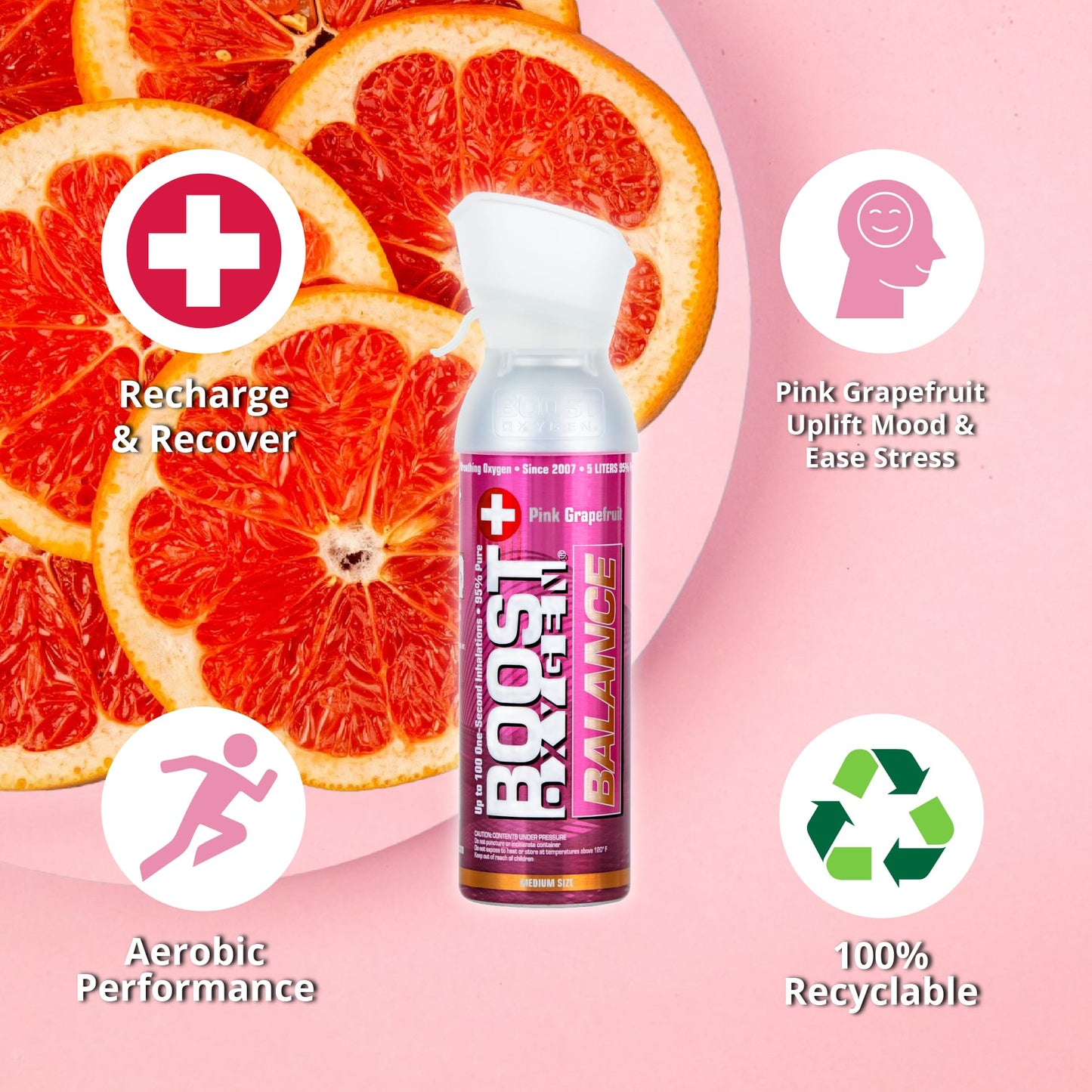 Boost Oxygen Medium Balance Pink Grapefruit Aroma 5 Liter Canister | All-Natural Resiratory Support for Aerobic Recovery, Altitude, Performance and Health (4 Pack)