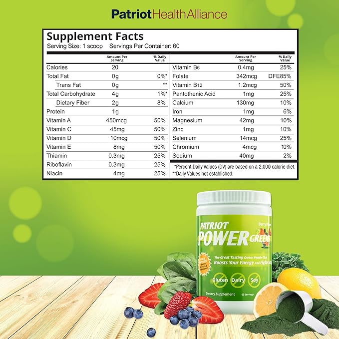 Patriot Power Greens Drink - Organic Superfood Dietary Supplement - 40+ Fruits & Vegetables - 60 Day Supply - 11.43 Ounce