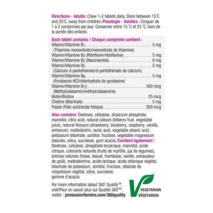 Jamieson Vitamin B Complex, 90 Chewable Tablets, Natural Berry Flavour. Naturally Energizing, Supports Metabolism, Provides Folate. Vegetarian, No Artificial Flavours, Colours or Preservatives