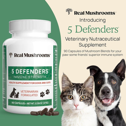 5 Defenders Mushroom Supplements for Cat Dog Vitamins Health Support with Chaga, Shiitake, Reishi Turkey Tail - Vet-Approved Powder Capsules 90ct