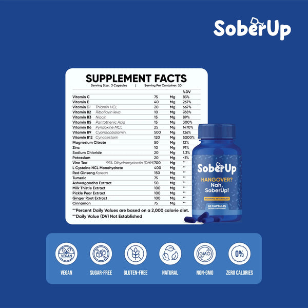 SoberUp Recovery Boost – Hydration, Electrolytes, Antioxidants – 60 Capsules