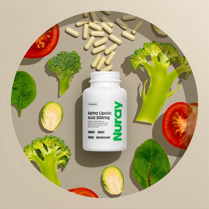 Acide Alpha-Lipoïque 300mg Nuray - Complément Antioxydant pour un Vieillissement en Bonne Santé, Soutient la Production d'Énergie, la Fonction Nerveuse Appropriée, le Métabolisme - 60 Gélules Végétariennes, Complément Alimentaire Sans Gluten