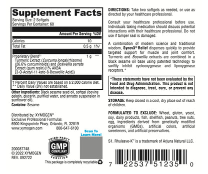 XYMOGEN SynovX Relief - Joint Support Supplement with Boswellia Serrata Extract + Turmeric - Muscle and Joint Relief Supplements - Vegan, Gluten Free and Non GMO (120 Softgels)