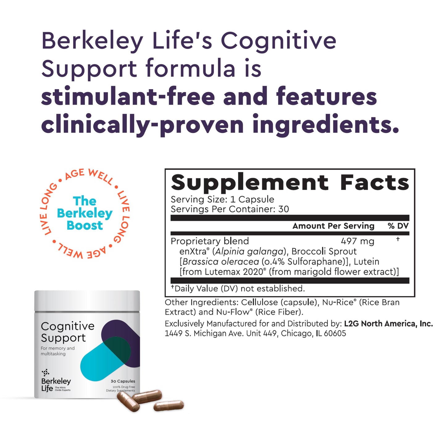 Berkeley Life Cognitive Support Supplement - Memory and Focus Aid - for Memory Loss, Inability to Multitask, and Loss of Speed - for Adults - 30 Capsules