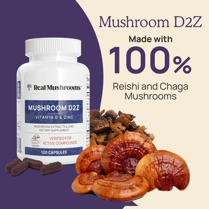 Real Mushrooms Zinc Supplements for Adults 120ct Vitamin D2 Immune Support with Chaga Reishi - Vegan, Gluten-Free, Non-GMO Vitamins Mushroom Capsules