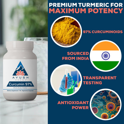 Ayush Herbs Curcumin 97% - Curcumin Supplements, Premium Turmeric Root Supplement, Curcuminoids for Women & Men, Adults, Premium Joint Support, Strength & Vitality - 90 Vegetarian Capsules (1 Count)