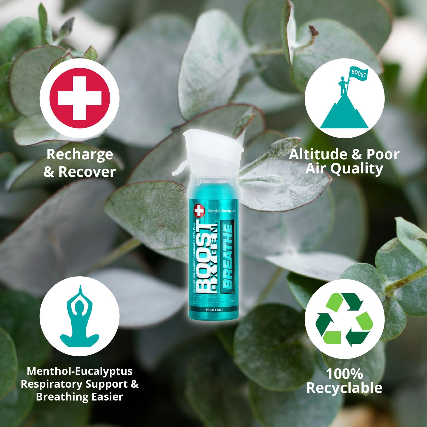 Boost Oxygen Pocket Size Breathe Menthol-Eucalyptus Aroma 3 Liter Canister | All-Natural Resiratory Support for Aerobic Recovery, Altitude, Performance and Health (4 Pack)