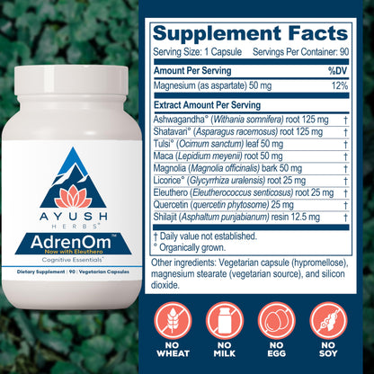 Ayush Herbs AdrenOm - Ayurvedic Adrenal and Stress-Support Supplement for Women & Men, Ashwagandha & Eleuthero to Support Adrenal Balance, Cognitive Function & Calm - 90 Vegetarian Capsules (1 Count)