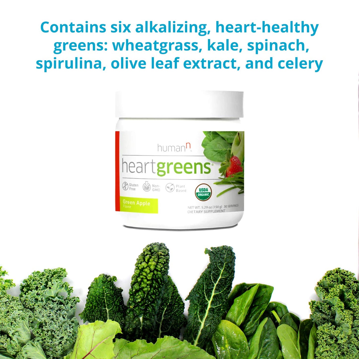 HumanN HeartGreens | Superfood Organic Powder with Wheatgrass, Kale, Spinach, and Spirulina, USDA Organic Non-GMO, from The Makers of SuperBeets (Green Apple Flavor, 5.29-Ounce