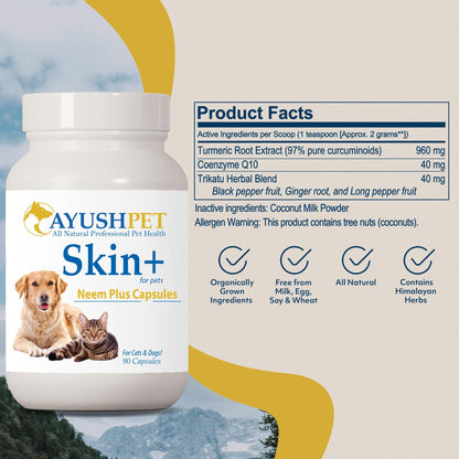 Ayush Pet Skin Plus, Neem Supplement for Healthy Skin and Coat, Supports Gut and Immunity, 90 Capsules