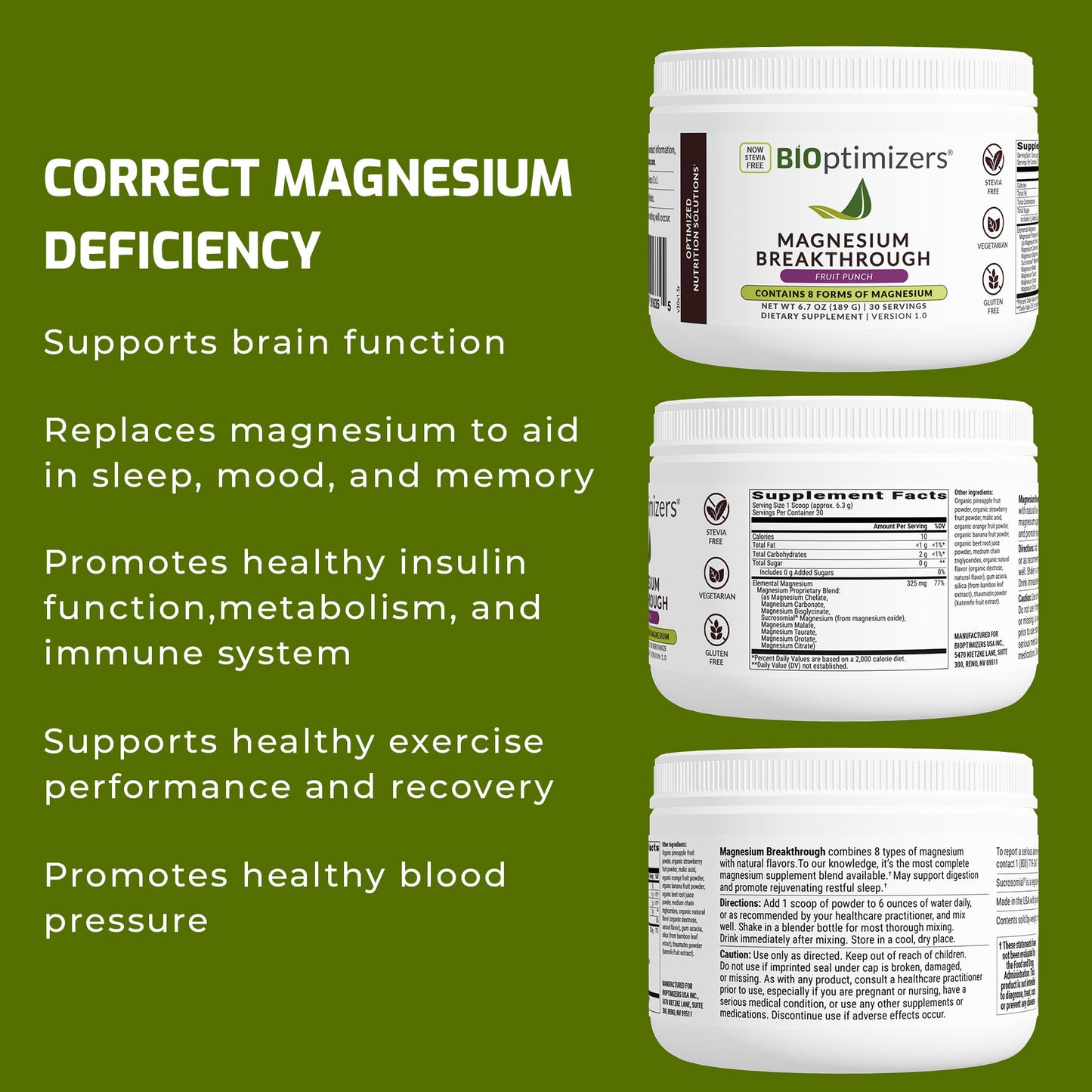 BIOptimizers Magnesium Breakthrough Drink Fruit Punch - 8 Forms of Magnesium: Glycinate, Malate, Citrate, and More - Natural Sleep and Brain Supplement – 5.4 oz (30 Servings)