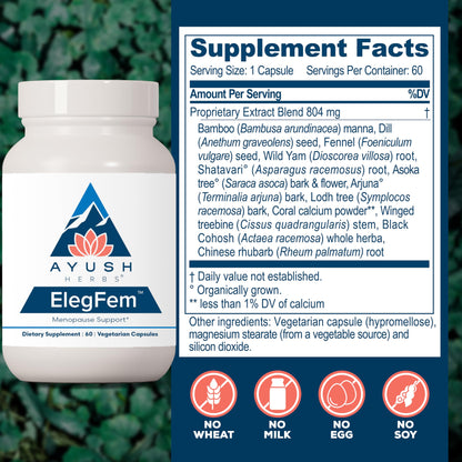 Ayush Herbs ElegFem - Menopause Supplements for Women, Hormone Balance for Women, Perimenopause Natural Hormone Support, Hot Flash Support with Cohosh - 60 Vegetarian Capsules (1 Count)