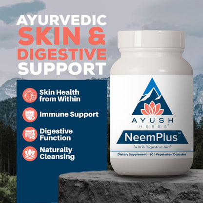 Ayush Herbs Neem Plus - Digestive Health for Women & Men, Gut Support Supplement for Stomach & Skin Health, Immune Support - 90 Vegetarian Capsules (1 Count)