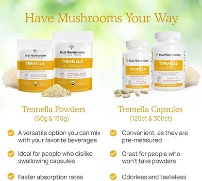 Real Mushrooms Tremella Mushroom Extract 120 ct Blend for Immune Support, Brain, and Skin - Vegan, Non-GMO, Organic Supplements Humans Support Supplement