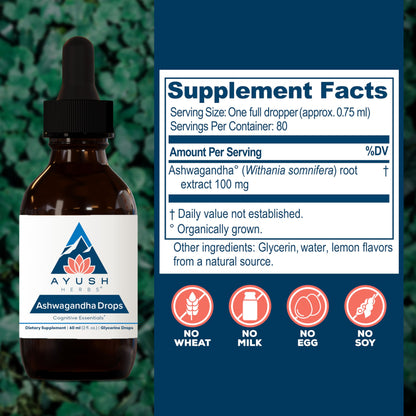 Ayush Herbs Ashwagandha Drops - Ashwagandha Alcohol-Free Drops for Adults, Calming Daily Supplement for Focus & Attention with Organic Ashwagandha, Lemon Flavor - 2 Fl Oz (80 Servings)