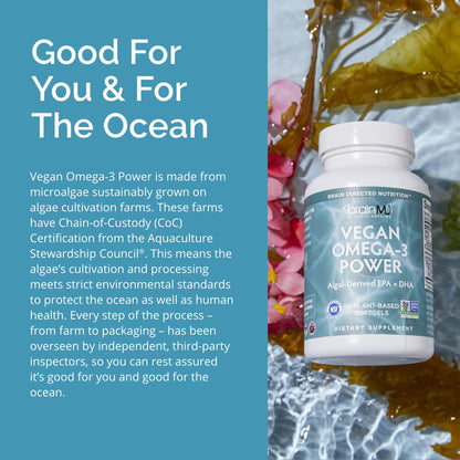 BRAINMD Dr Amen Vegan Omega-3 Power - 60 Plant-Based Softgels - 1,100 mg of EPA & DHA - Supports Focus, Memory & Heart Health - Vegan, Gluten Free & Non-GMO - 30 Servings