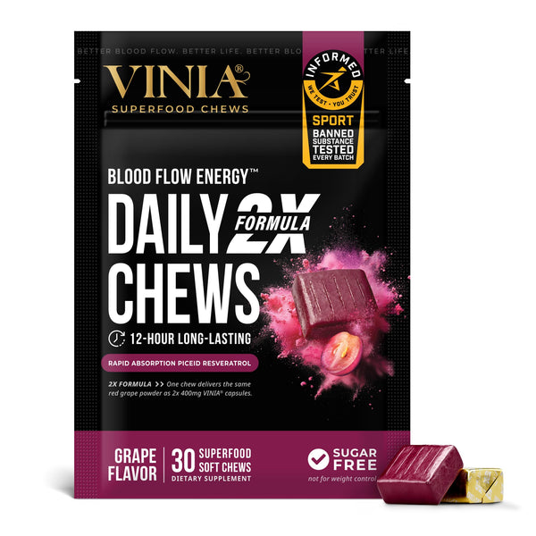 VINIA Resveratrol Heart Chews. Nitric Oxide, Blood Flow & Circulation Support | Heart Health Energy Supplement | Non-GMO, Sugar Free & Gluten Free, Grape Flavor, 30 Count