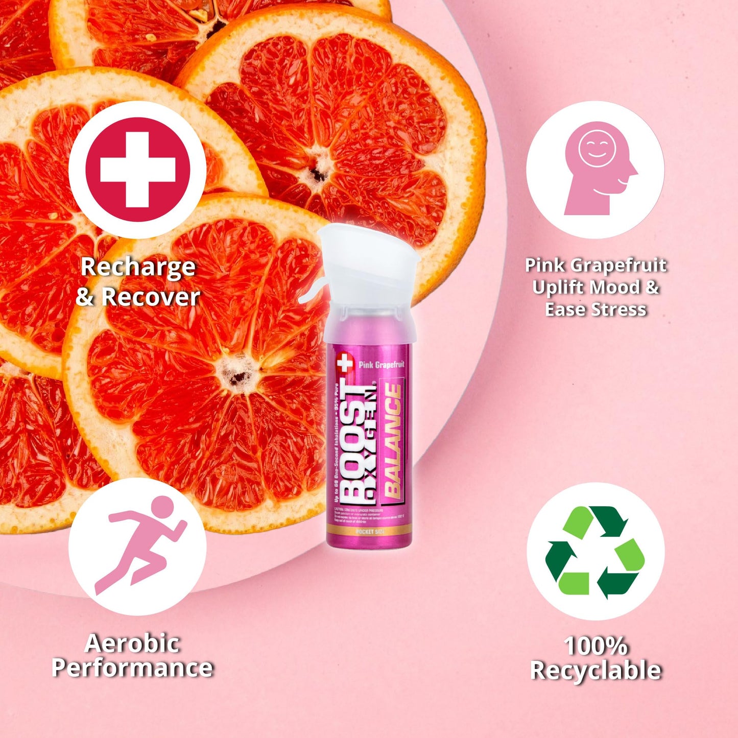 Boost Oxygen Pocket Size Balance Pink Grapefruit Aroma 3 Liter Canister | All-Natural Resiratory Support for Aerobic Recovery, Altitude, Performance and Health (4 Pack)