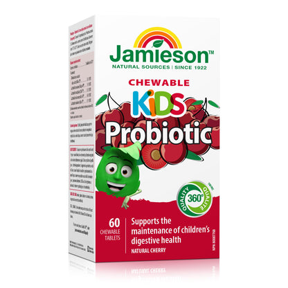 Jamieson Probiotic for Kids, 60 Chewable Tablets, 5 Billion CFU, Natural Cherry Flavour, Digestive and Intestinal Health. Non-GMO, No Artificial Colours, Flavours, or Preservatives, 60 Count