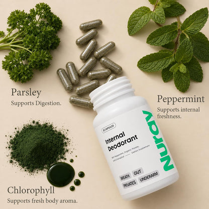 Nuray Internal Deodorant Supplement | Natural Chlorophyll 30 Capsules for Body Odor Control, Gut Health, and Fresh Breath | Vegan, Detox Support, & Skin Health | Odor Eliminator for Men & Women