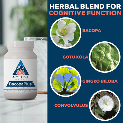 Ayush Herbs BacopaPlus - Bacopa Supplements, Organic Bacopa for Memory & Focus, Cognitive Support Pill for Adults with Ginkgo, Gotu Kola, Ashwagandha - 90 Vegetarian Capsules (1 Count)