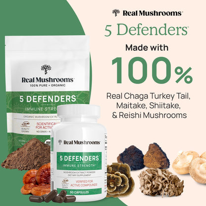 Real Mushrooms 5 Defenders Powder - Organic Mushroom Extract w/Chaga, Shiitake, Maitake, Turkey Tail, & Reishi - Mushroom Supplement for Brain, Focus, & Immune Support - Vegan, Non-GMO, 100 Servings