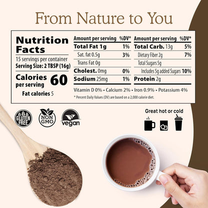 Real Mushrooms Unsweetened Organic Hot Chocolate Mix with 5 Defenders Turkey Tail, Chaga, Maitake, Shiitake, Reishi Mushroom - Cacao Powder Vegan Supplement, 15 Servings