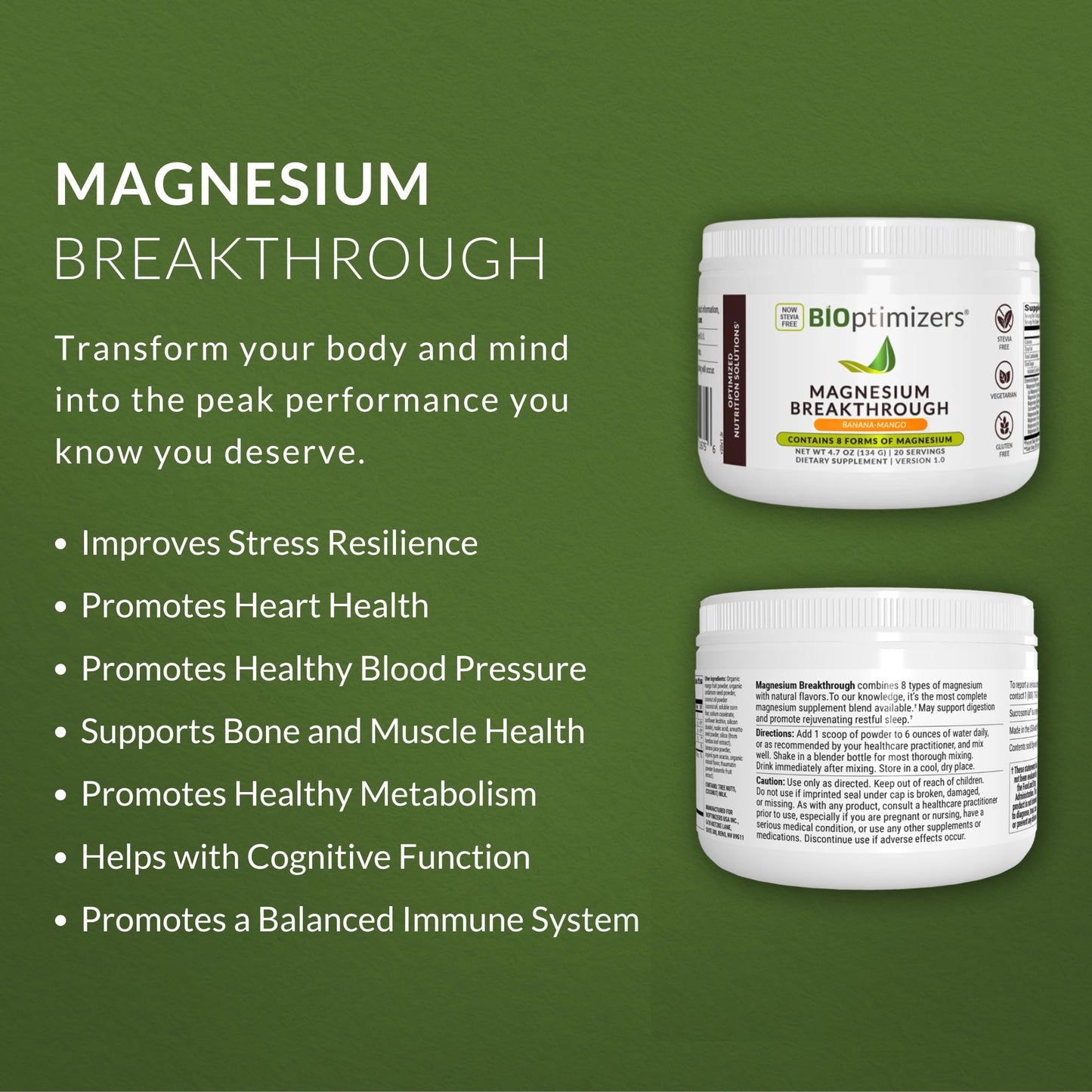 BIOptimizers Magnesium Breakthrough Drink Banana Mango - 8 Forms of Magnesium: Glycinate, Malate, Citrate, and More - Natural Sleep Supplement – 6 oz (30 Servings)