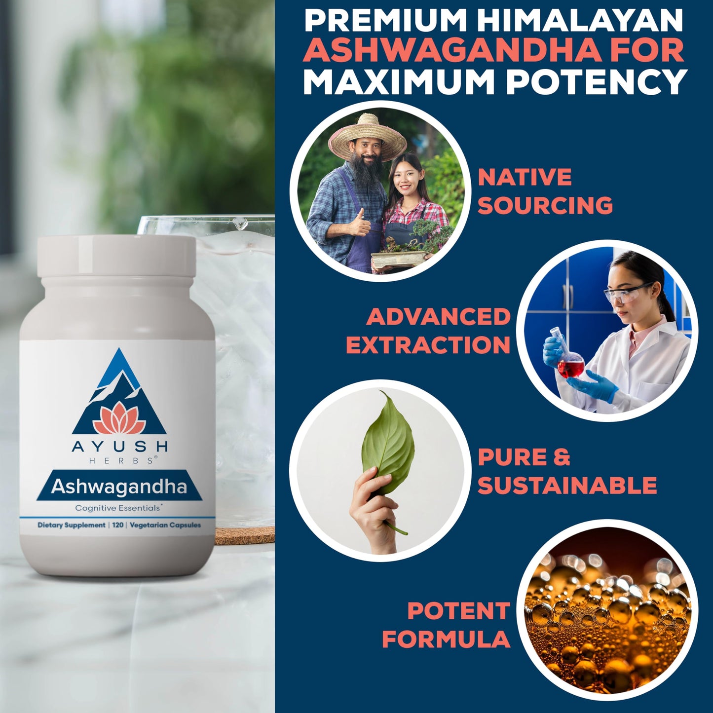 Ayush Herbs Ashwagandha Capsules - Ashwagandha for Men & Women, Ashwagandha Supplements, Pure Ashwagandha Root Powder for Stress, 500mg per Pill - 120 Vegetarian Caplets (1 Count)
