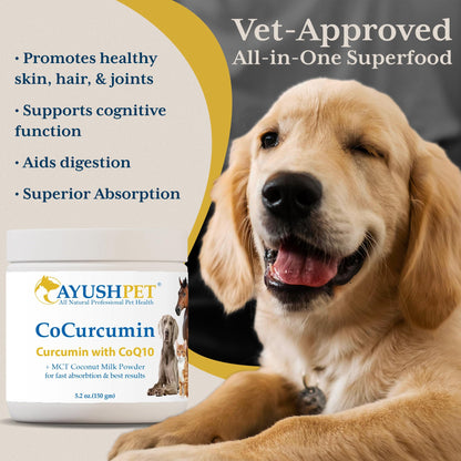 Ayush Herbs Ayush Pet CoCurcumin with Coq10, Muscle and Joint Pet Superfood Powder, Heart and Digestion Support, Small or Large Animals, Young and Senior Pet Supplement, 5.2 Ounces