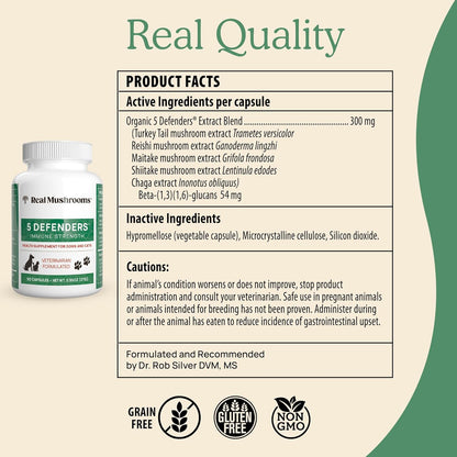 5 Defenders Mushroom Supplements for Cat Dog Vitamins Health Support with Chaga, Shiitake, Reishi Turkey Tail - Vet-Approved Powder Capsules 90ct