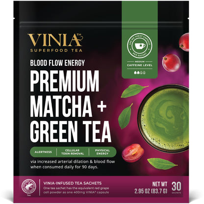 VINIA Premium Matcha + Green Tea Bags, Made with Organic Tea, Infused with Piceid Resveratrol for Heart Health, Nitric Oxide, Physical Energy, Alertness, Blood Flow, Keto, Kosher, NON-GMO. 30 Ct