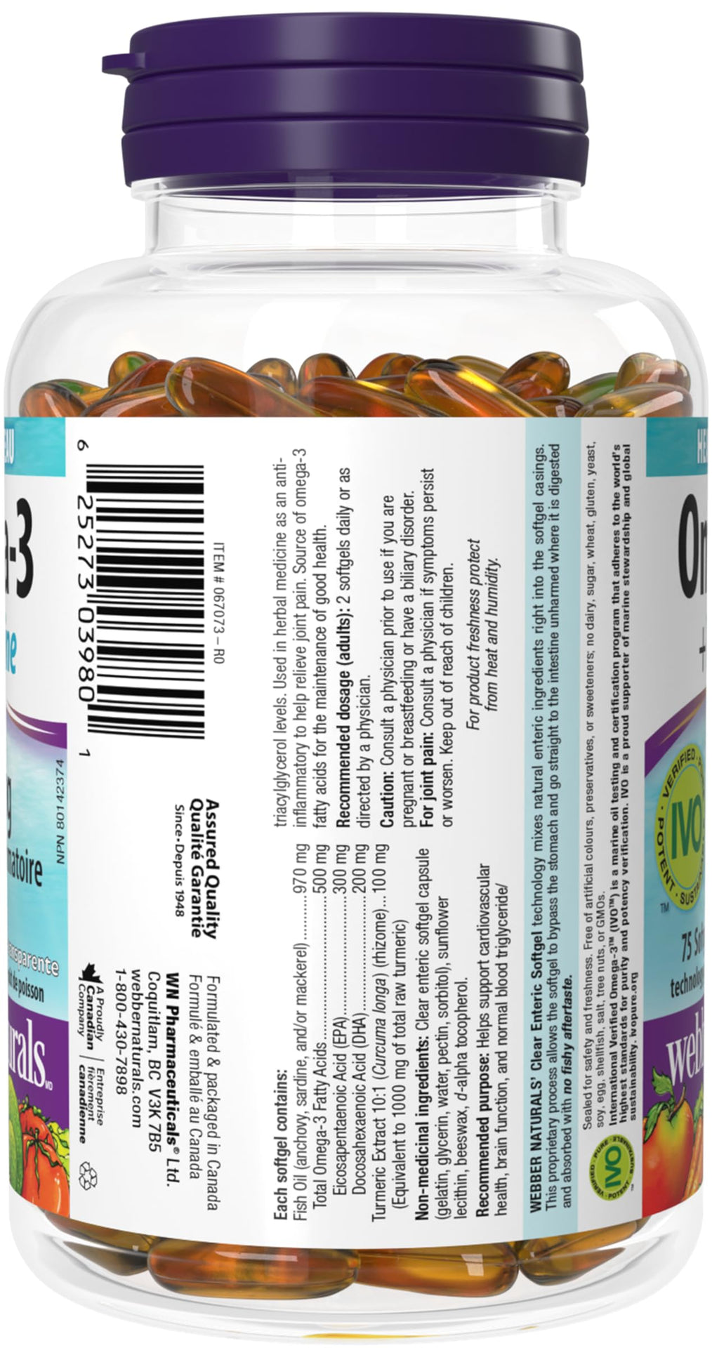 Webber Naturals Omega-3 + Turmeric, 75 Softgels, Support for the Heart, Brain & Joints, No Fishy Aftertaste