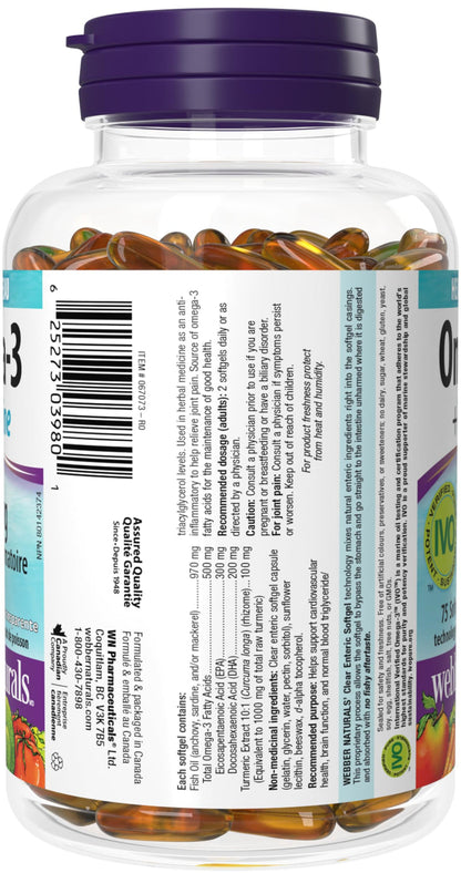 Webber Naturals Omega-3 + Turmeric, 75 Softgels, Support for the Heart, Brain & Joints, No Fishy Aftertaste