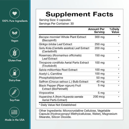 Natura Health Products Vibrant Mind - Nootropic Brain Supplement for Memory and Focus* - Featuring Bacopa, Ginkgo Biloba, Centellin & Phosphatidylserine -Caffeine Free (90 Capsules)