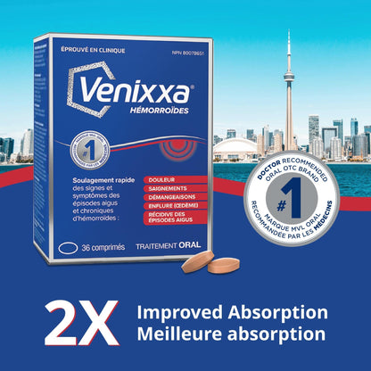 Venixxa Hemorrhoid Oral Treatment, Clinically Proven to Relieve Pain, Bleeding and Itching Associated with Hemorrhoids, 36 Tablets