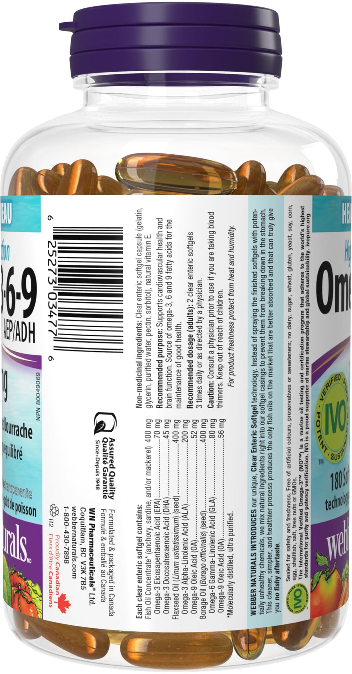 Webber Naturals Omega 3-6-9 1200 mg Fish Oil, 180 Enteric Capsules