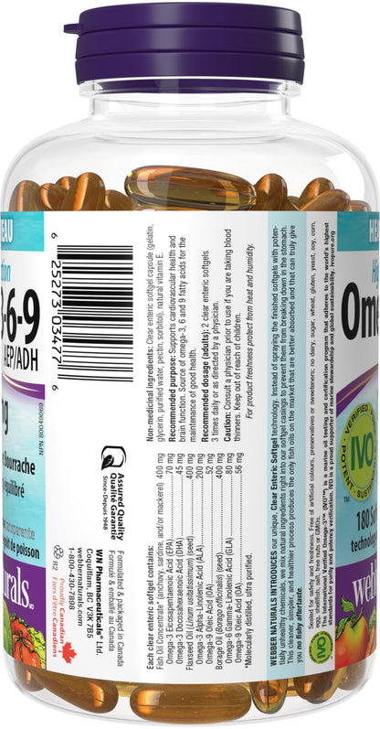 Webber Naturals Omega 3-6-9 1200 mg Fish Oil, 180 Enteric Capsules